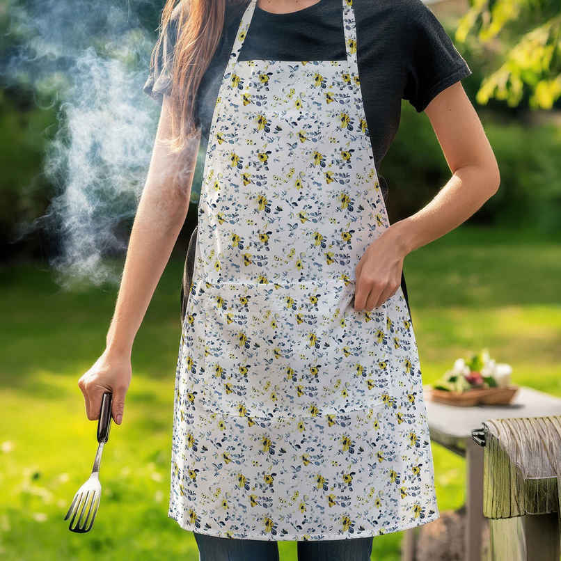 Bianca Premium Printed Cotton Apron, Oven Mitt, Pot Holder Set | Florence Floral | Yellow & Grey