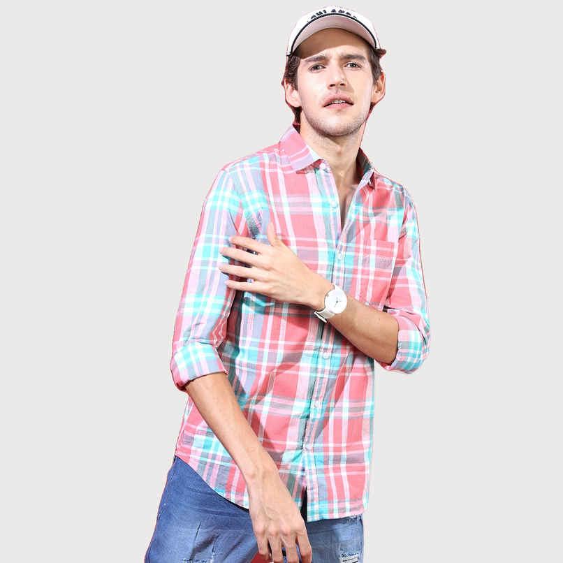 Highlander Men's Slim Fit Checked Casual Shirt - Coral and White | S