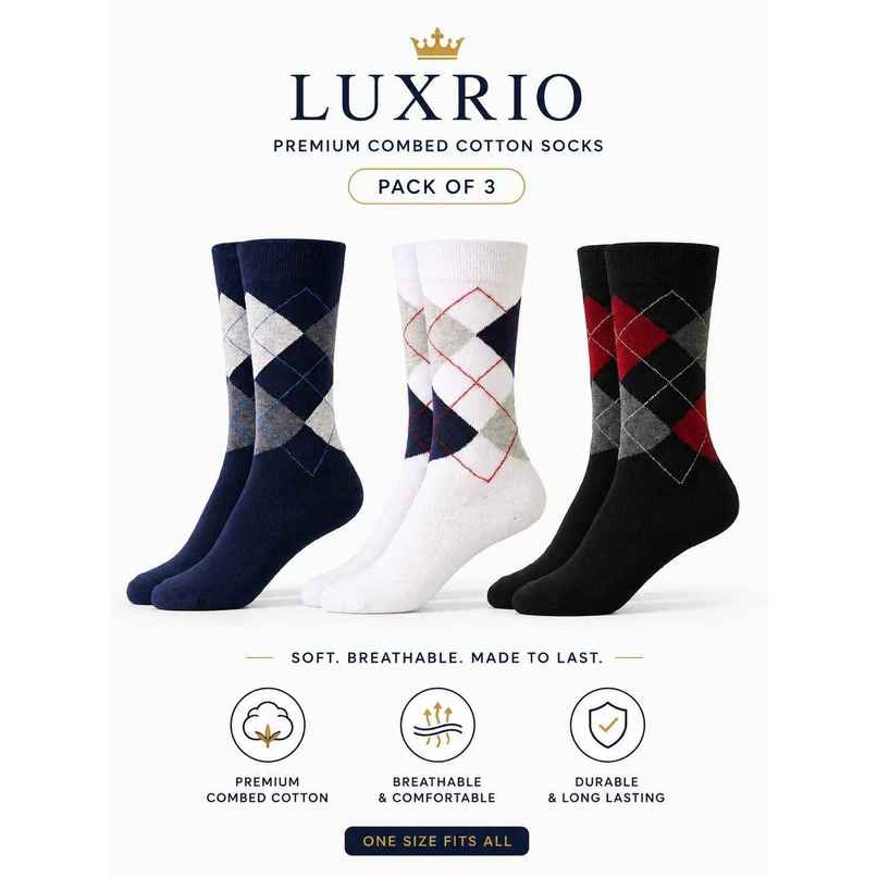 Luxrio Socks for Men Designer Cotton Business Formal Full Length Cotton Socks | SCK-19-3-PK-ANKL | Assorted