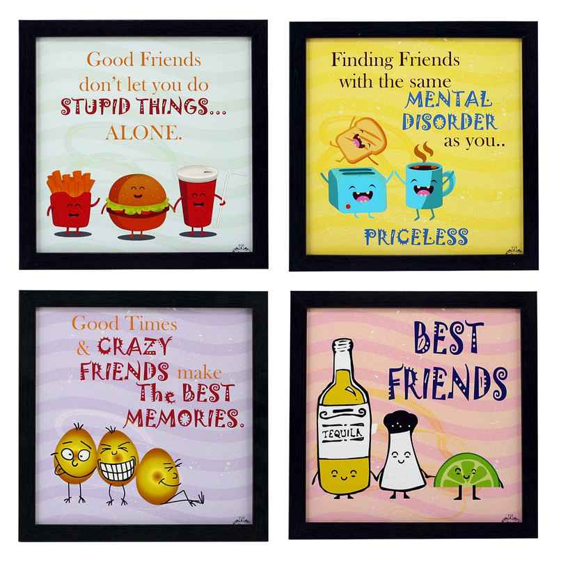 Indianara Set of 4 Framed Quirky Friends Quotes Framed Wall Hanging Laminated Paintings