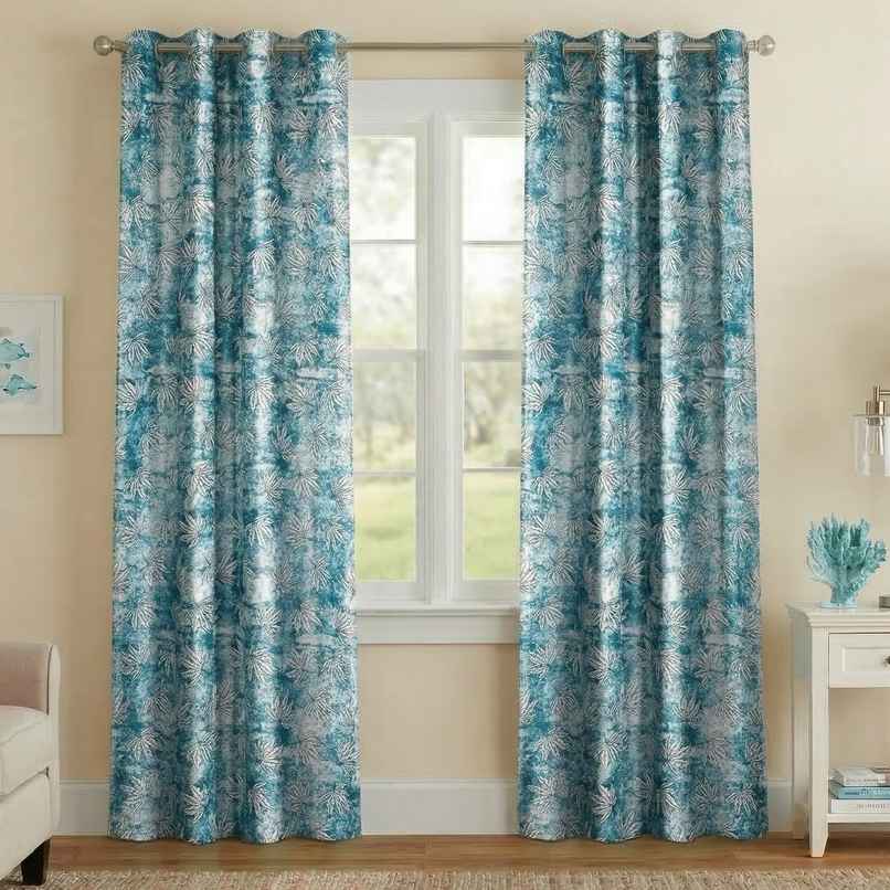Home Sizzler Leaf Mist Grommet Eyelet Polyester Window Curtains 5 Feet Frosted Aqua