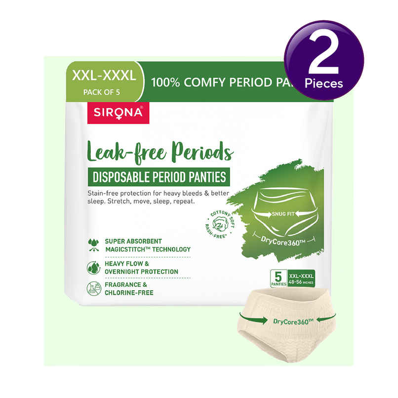 Sirona Disposable Period Panties 2XL-3XL, 5x More Absorption, 100% Rash Free, Leak-Proof Combo Sirona Disposable Period Panties 2XL-3XL, 5x More Absorption, 100% Rash Free, Leak-Proof Combo