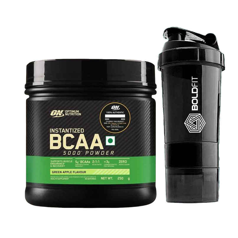 Optimum Ntrition (On) Bcaa Green Apple (250g) & Boldfit Spider Gym Shaker Bottle (1pc) Combo