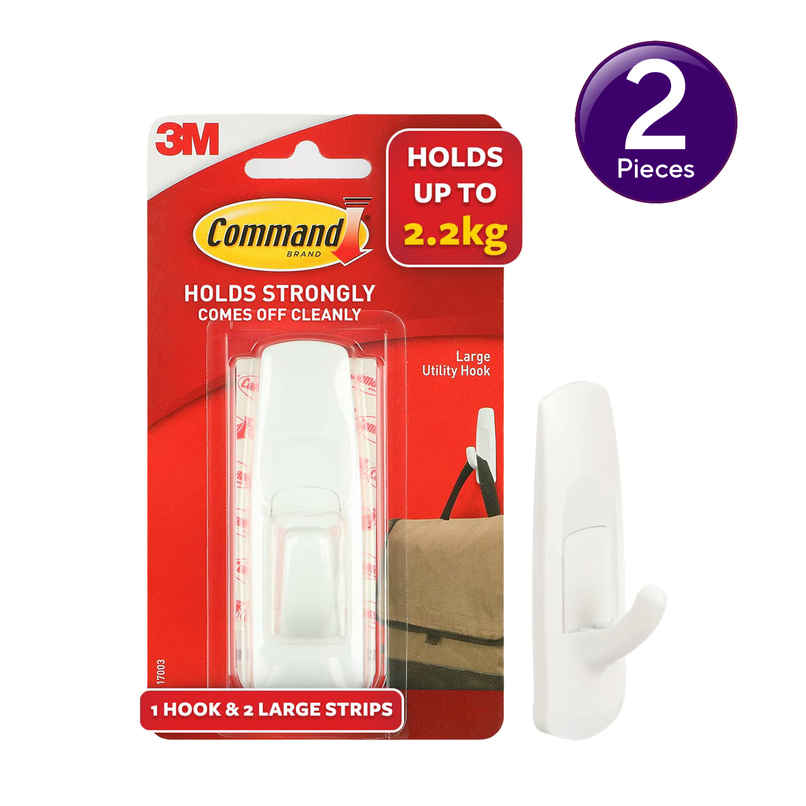 Command Adhesive Damage Free Wall Hooks| 1 Large Hook and 2 Strips Holds 2.2 kg Combo Command Adhesive Damage Free Wall Hooks| 1 Large Hook and 2 Strips Holds 2.2 kg Combo