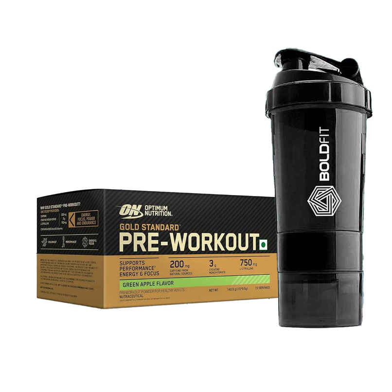 Optimum Nutrition Pre-Workout Green Apple Flavour (142.5g) & Boldfit Spider Gym Shaker Bottle (1pc) Combo