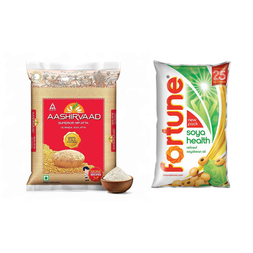 Superior Mp Wheat Atta, 0% Maida | Aashirvaad (1kg) & Fortune Soya Health Refined Soyabean Oil (750g) Combo