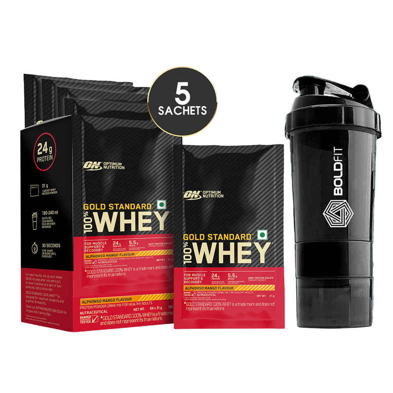 Optimum Nutrition (On) Gold Standard Whey Protein | Alphonso Mango (1pc) & Boldfit Spider Gym Shaker Bottle (1pc) Combo