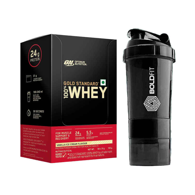 Optimum Nutrition (On) Gold Standard Whey Protein | Vanilla Ice Cream (1pc) & Boldfit Spider Gym Shaker Bottle (1pc) Combo