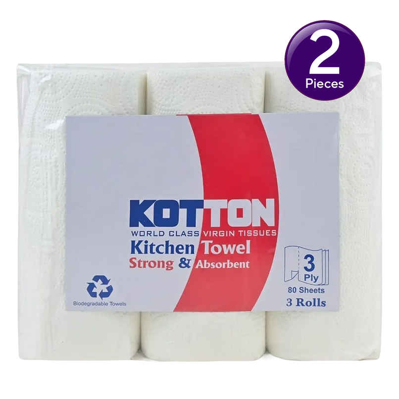 Kotton 3 Ply Kitchen Towel Paper Roll/100% VirginPulp/Paper - Pack Of 3 Rolls - 80 Pulls Per Roll Combo Kotton 3 Ply Kitchen Towel Paper Roll/100% VirginPulp/Paper - Pack Of 3 Rolls - 80 Pulls Per Roll Combo