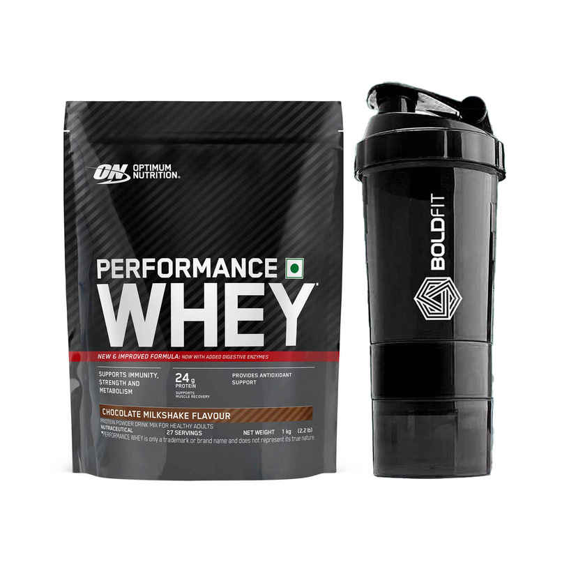 Optimum Nutrition Performance Whey Protein Powder - 24G Protein | Chocolate Milkshake (1kg) & Boldfit Spider Gym Shaker Bottle (1pc) Combo