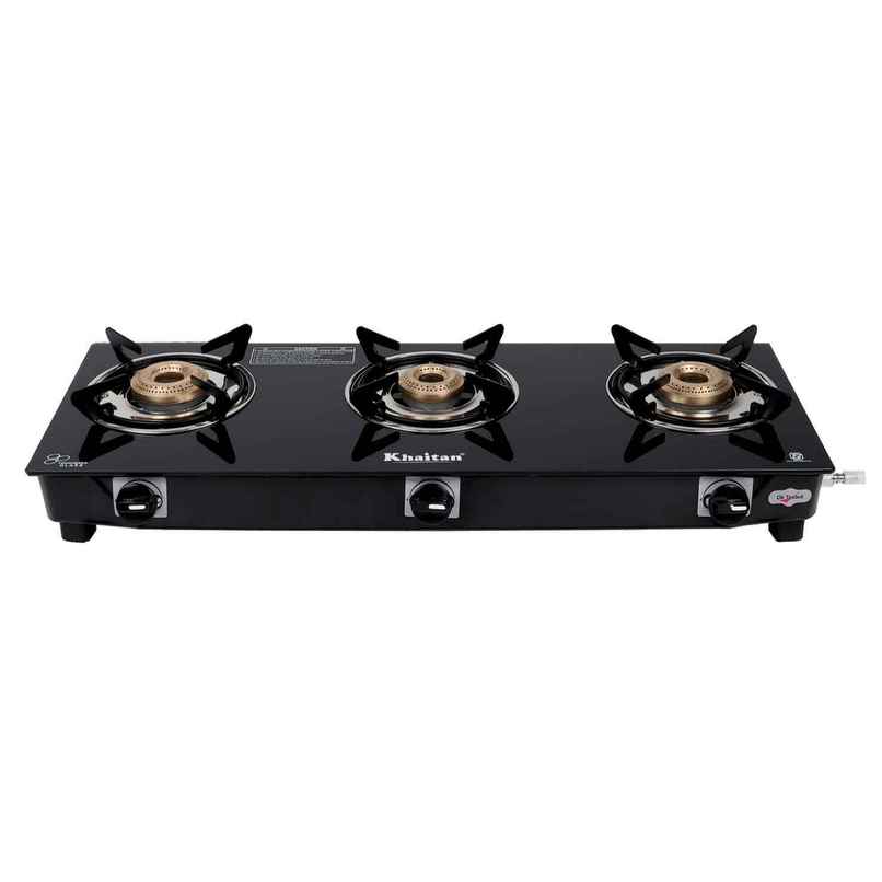 Khaitan 3 Burner BP Jio Toughened Glass | LPG Cooktop I Manual Ignition Stove | Black Khaitan 3 Burner BP Jio Toughened Glass | LPG Cooktop I Manual Ignition Stove | Black