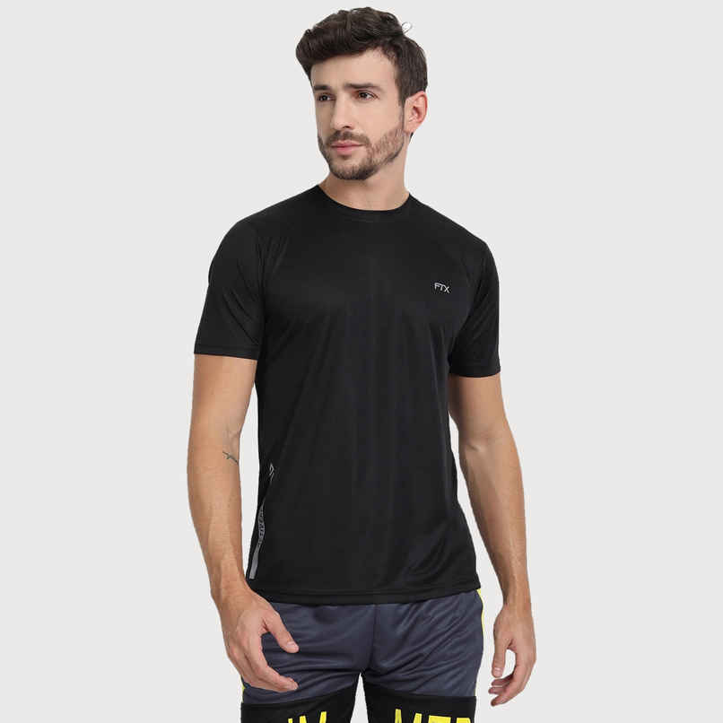 Ftx Men's Solid Round Neck Polyester Half Sleeve Casual T-shirt | Black | S
