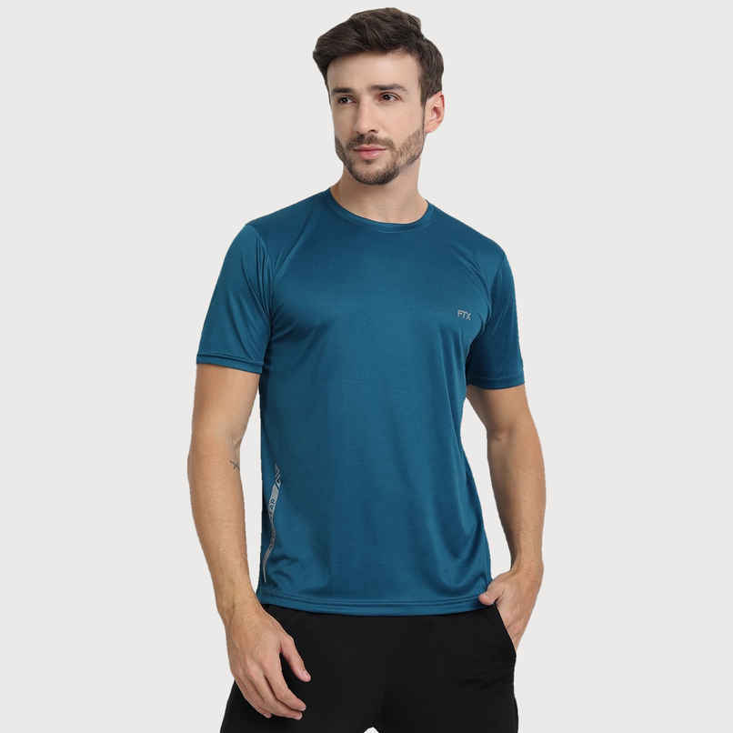 Ftx Men's Solid Round Neck Polyester Half Sleeve Casual T-shirt | Blue | S
