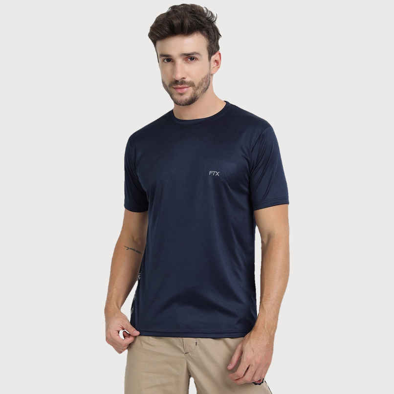 Ftx Men's Solid Round Neck Polyester Half Sleeve Casual T-shirt | Navy | S