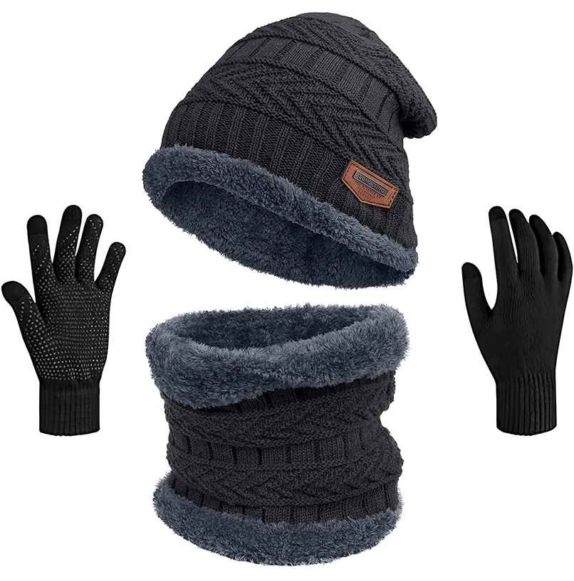 Infispace Unisex Winter Woolen Earmuff Beanie Knitted Cap Neck Set with Finger Gloves | Blue