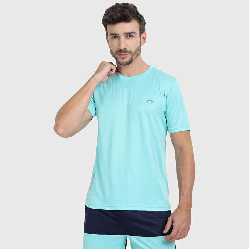 Ftx Men's Solid Round Neck Polyester Half Sleeve Casual T-shirt | Aqua | S