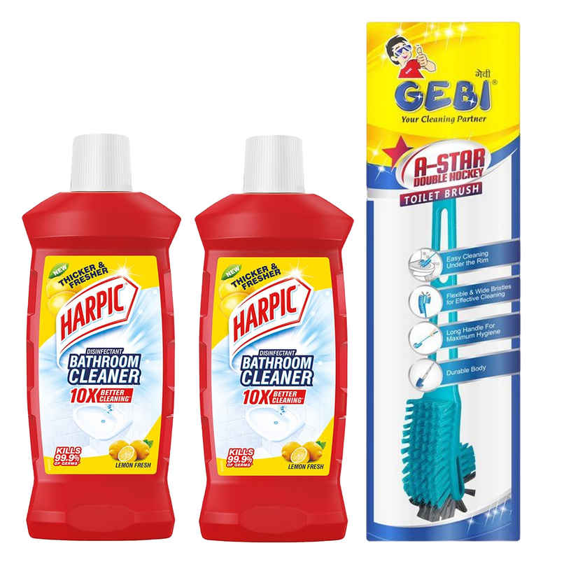 Harpic Bathroom Cleaner Liquid - Lemon, Removes Bathroom Stains(2l) & Gebi Sparkle Plus A Star Double Hockey Toilet Brush (Assorted)(1pc) Combo