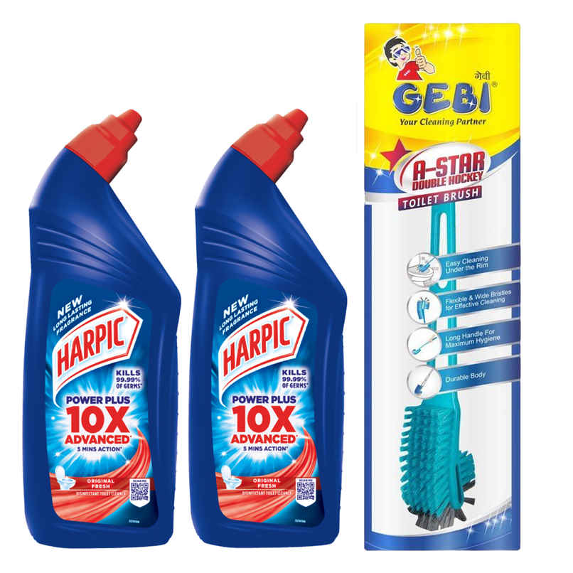 Harpic Toilet Cleaner Liquid - Original 3L(2l) & Gebi Sparkle Plus A Star Double Hockey Toilet Brush (Assorted)(1pc) Combo