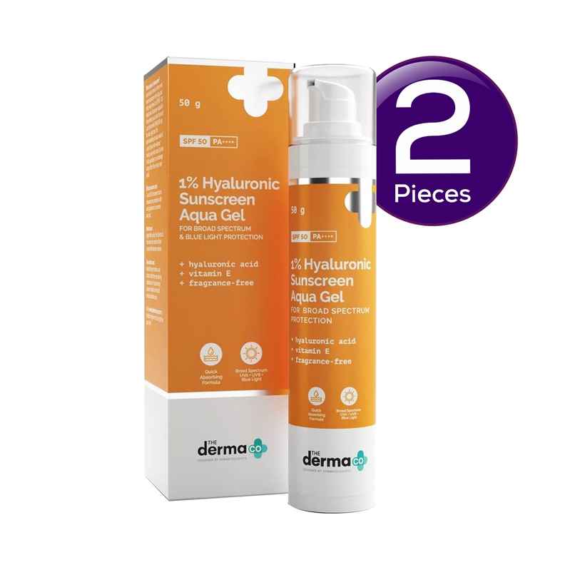 The Derma Co 1% Hyaluronic Sunscreen Aqua Ultra Light Gel With SPF 50 PA++++ For Broad Spectrum UVA UVB & Blue Light Protection Combo