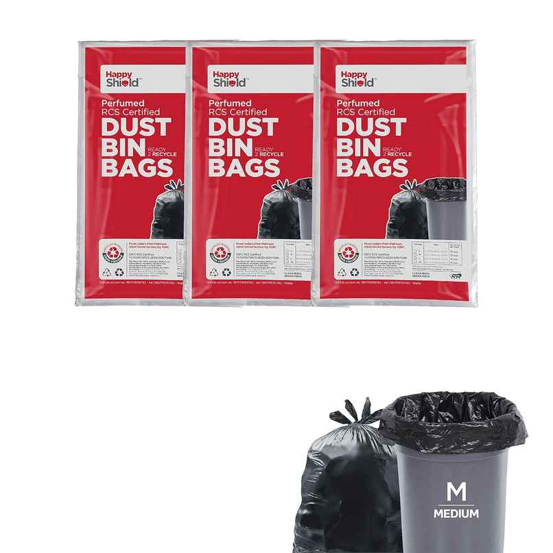 Happy Shield - Perfumed Garbage Bags (90 Pieces), Medium (19 X 21 Inches) Pack Of 3 - Black