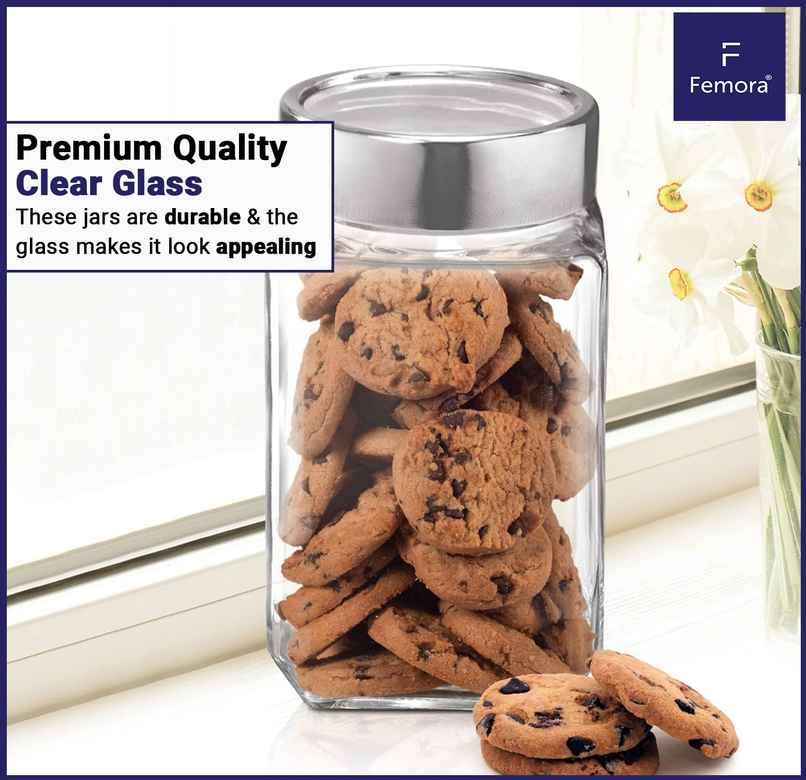 Femora Transparent Glass Storage Jar | Stylish Kitchen Container | 1000 ml