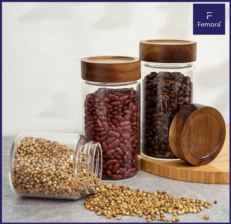 Femora Wooden Lid Screw Jar Air Tight 750Ml 1 Pc Borosilicate Glass