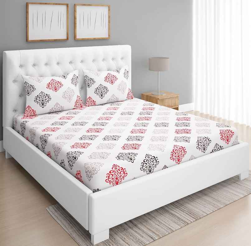 BAY6 Super King 100% Cotton 144 TC Paisley Print Bedsheet | White & Pink | 108 x 108 in