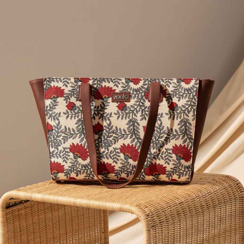 Zouk Women's Printed Vegan Leather 11.6 L Double Handle Tote Bag | Beige and Red - One Size