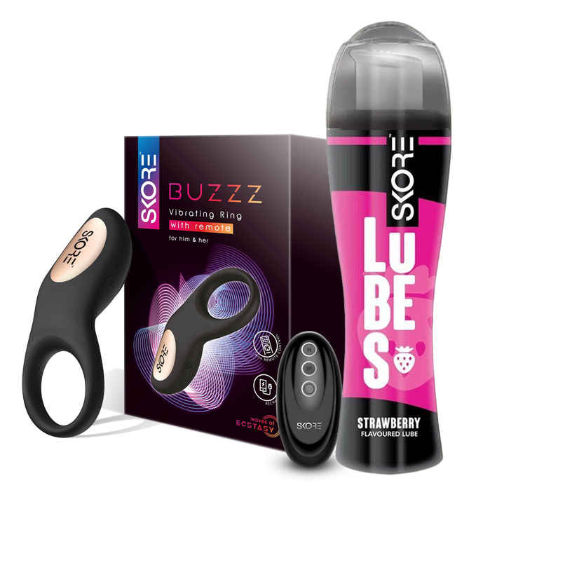 Skore Vibrating Ring - Buzzz With Remote For Him And Her (1pc) & Skore Lubes - Strawberry Flavour (50ml) Combo