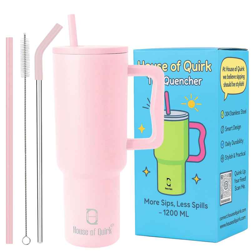 House of Quirk Stainless Steel Tumbler with Handle & Lid, 2 Straws | Misty Rose - 1200 ml