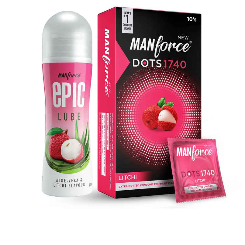 Manforce Extra Dotted (1740 Dots) Litchi Flavoured Condoms (10pc) & Manforce Epic Lube - Aloe-Vera & Litchi (60ml) Combo 