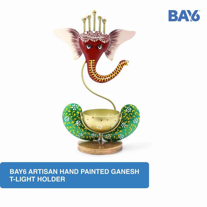 Bay6 Artisan Hand Painted Ganesh T-Light Holder | Multicolour | Artistic | Iron | Tealight Candle-Pooja