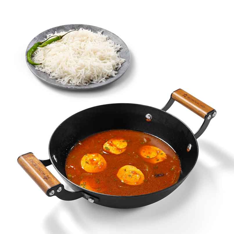 Wonderchef Pre-Seasoned Ferro Light 24Cm Kadhai | 2.3L | Acacia Wooden Handles