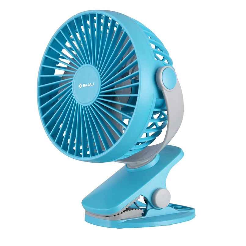 Bajaj Pygmy Mini Fan 110MM | USB Charging | Multi-Clip Function | Rechargeable | 4-Hr Back-up, Blue