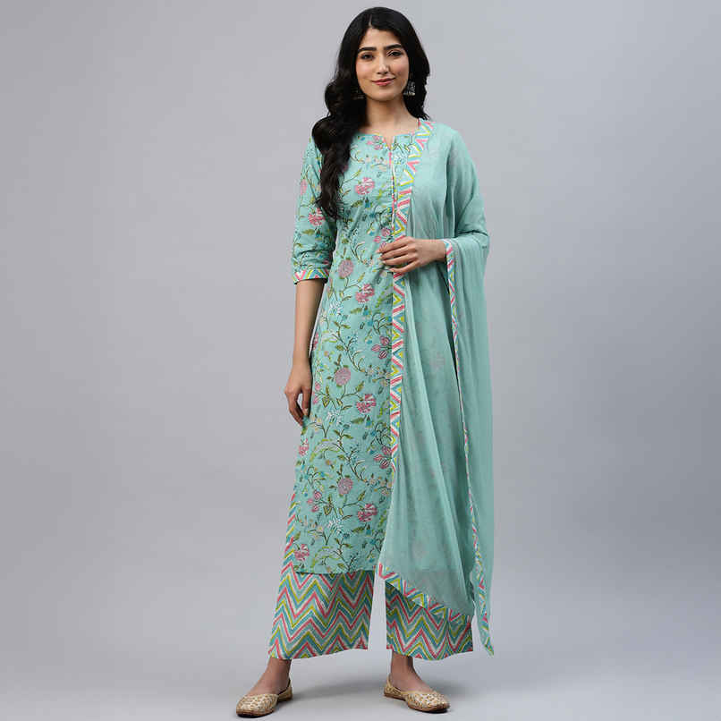 Libas Women's Printed Cotton Straight Suit Set with Dupatta | Multicolour - M