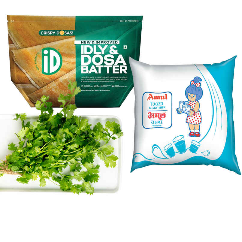 Id Fresh Idli & Dosa Batter (500g) & Amul Taaza Toned Fresh Milk (Pouch) (500ml) & Coriander Leaves (100g) Combo