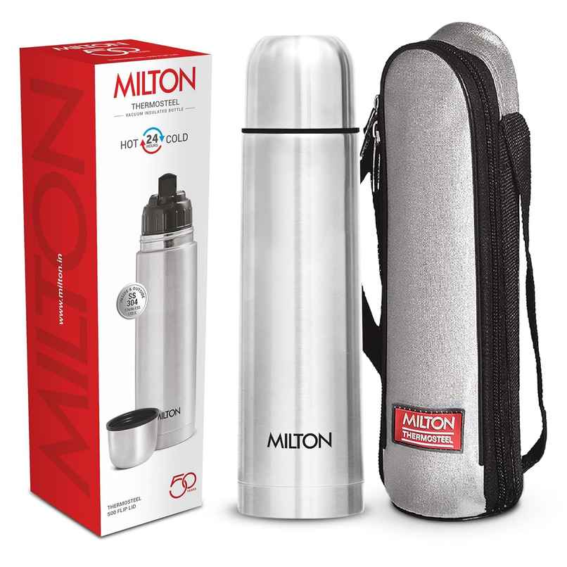 Milton Thermosteel Flip Lid Water Bottle | 24 Hrs Hot & Cold | Silver | 500 ml