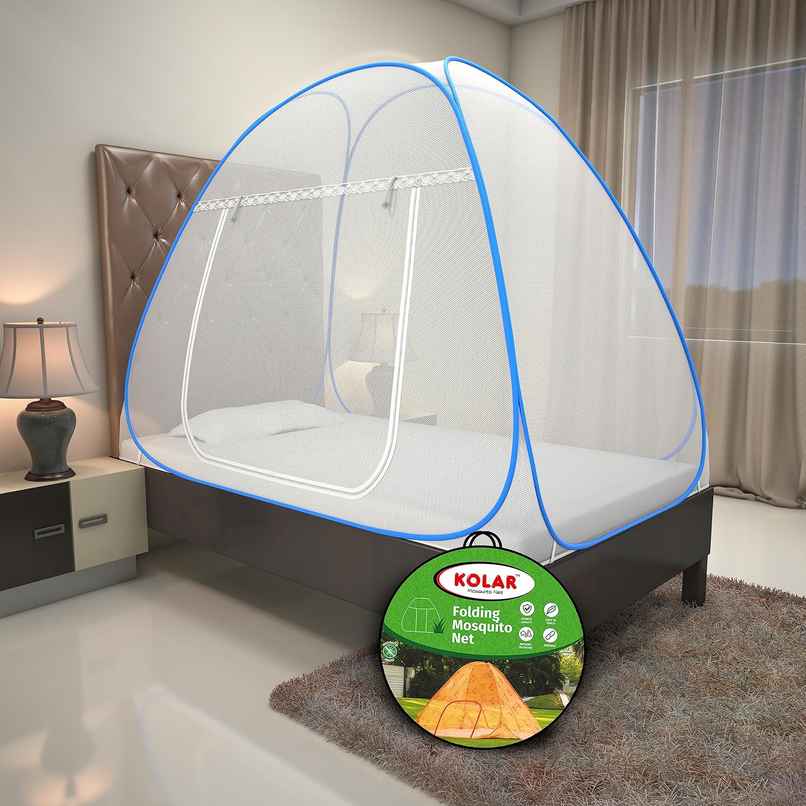 Kolar Foldable Mosquito Net For Single Bed | WHite & Blue - 6.5 x 4 ft