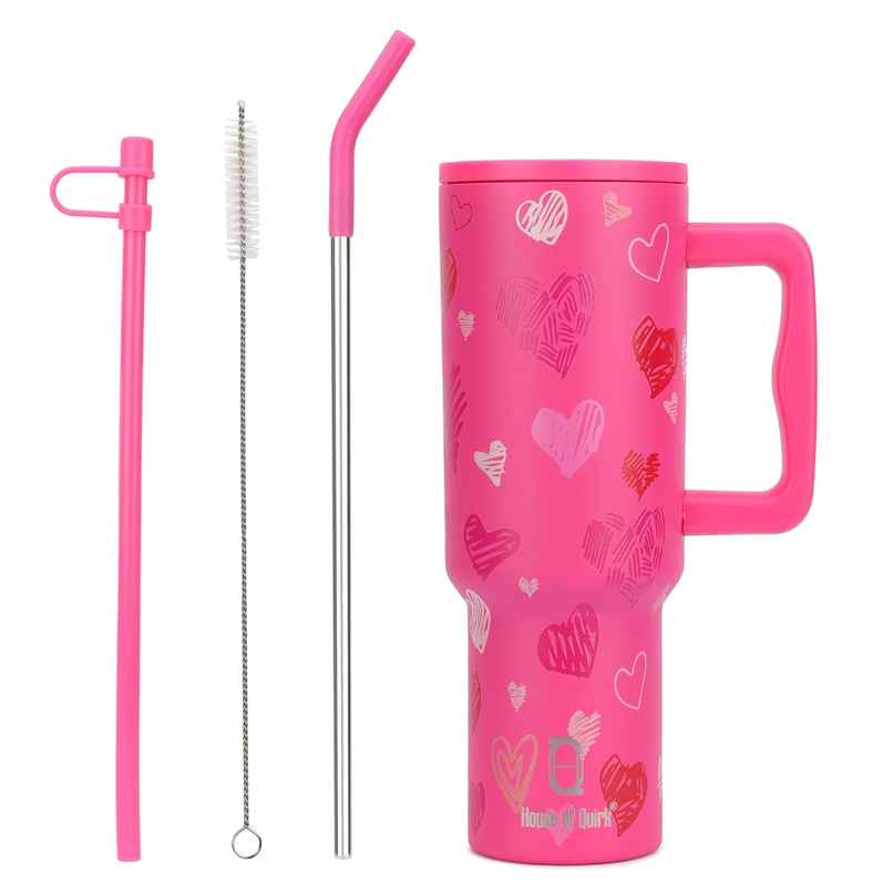 House of Quirk Stainless Steel Tumbler with Handle & Lid, 2 Straws | Rose Heart - 1200 ml