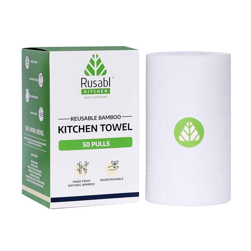 Rusabl Organic Kitchen Towel Roll - 50 Pulls (Reusable, Bamboo Cloth, Biodegradable, For Cleaning)