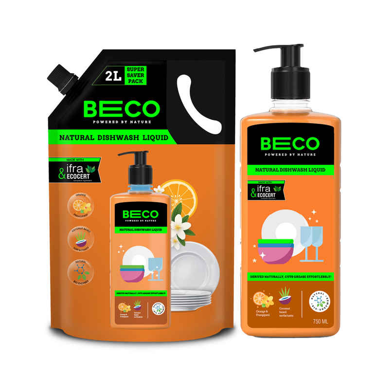 Beco Eco-Friendly Dishwash Liquid (750ml) & Beco Natural Orange Citrus Freshness Dishwash Liquid Refill (2L) Combo