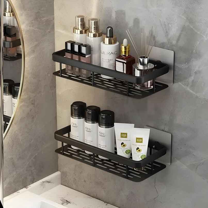 Perpetual Adhesive Aluminium Bathroom Shelf | Wall Rack for Kitchen/Bath | 2 Pcs | Black