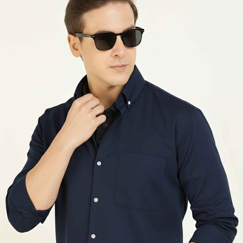 Hancock Men's Slim Fit Solid Button-Down Collar Pure Cotton Casual Shirt | Navy Blue - 42