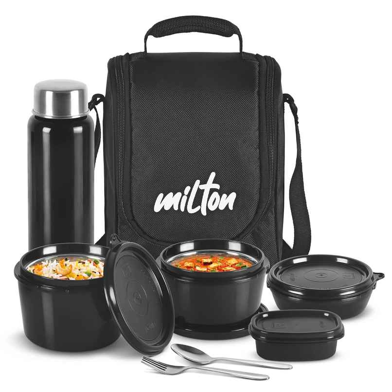 Milton Pro Lunch Box (3 Inner Steel Containers, 1 Plastic Dabba, Bottle & Spoons) With Bag, Black