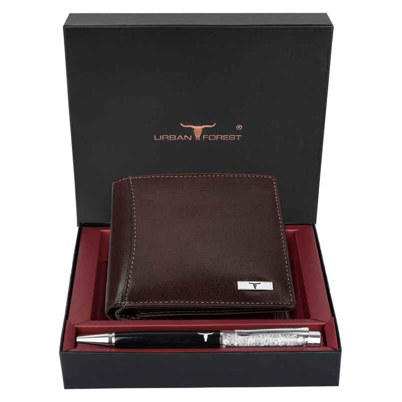 URBAN FOREST Men's Ollin Aniline Leather Wallet & Diamond Pen Combo Gift | Brown