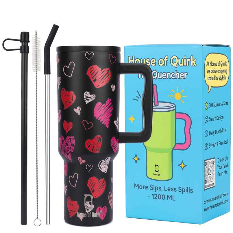 House of Quirk Stainless Steel Tumbler with Handle & Lid, 2 Straws | Black Heart - 1200 ml