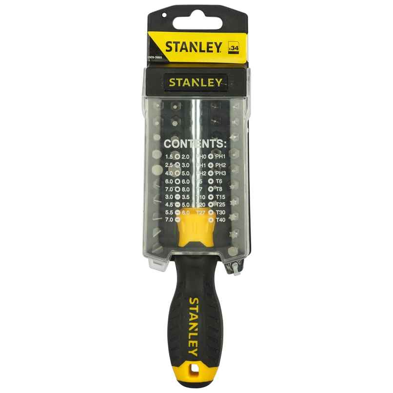 STANLEY 70-885 34-in-1 Screwdriver Set, Rubber Moulded Handle, Magnetic Bit Holder, Yellow & Black