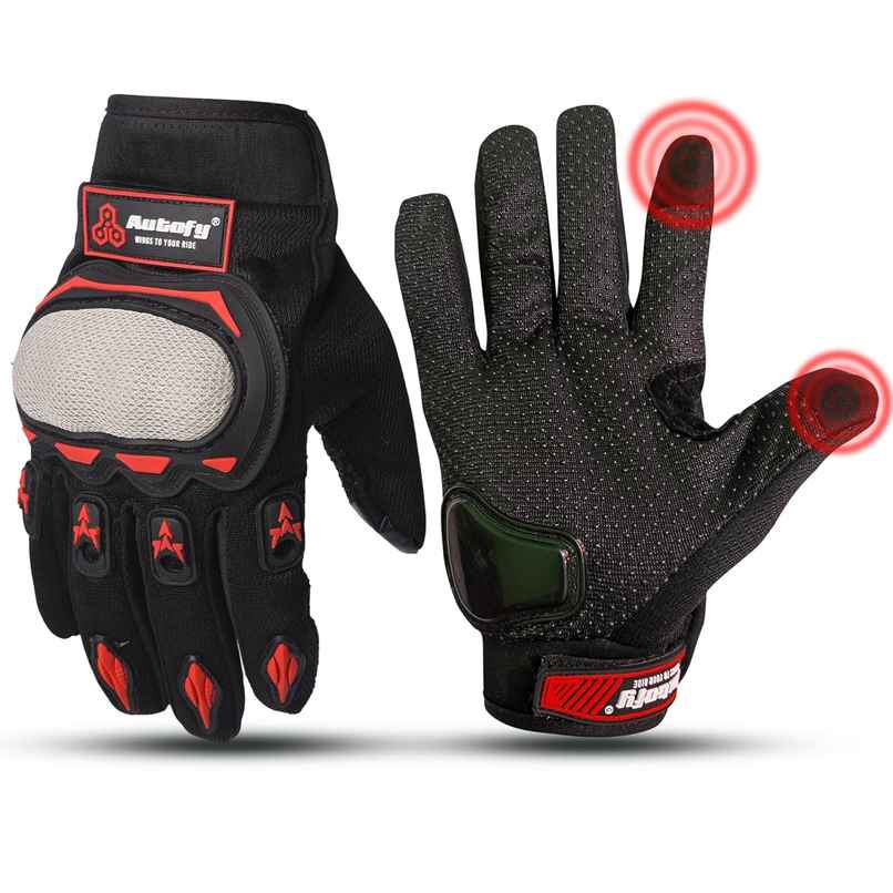 Autofy FANTOM Bike Gloves - TPR Knuckle Protect, Touchscreen & Palm Padding (Black & Red, Size L)