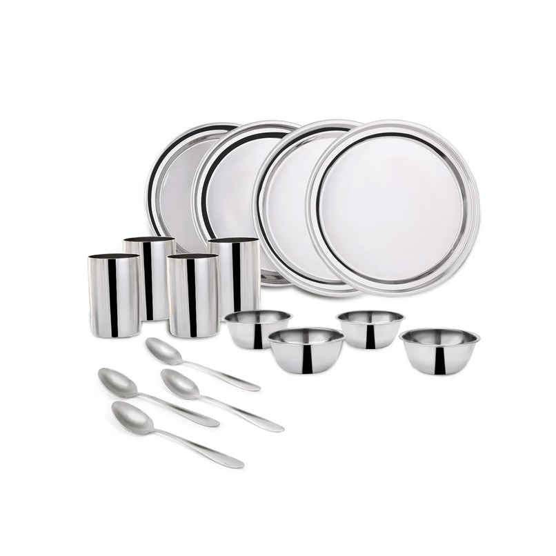 Wonderchef Venice Stainless Steel Dinner Set of 12 Pcs | Plates | Glasses | Bowls | Spoons