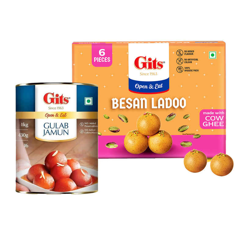 Gits Gulab Jamun Open & Eat (Tin) (1kg) & Gits Besan Laddoo (400g) Combo
